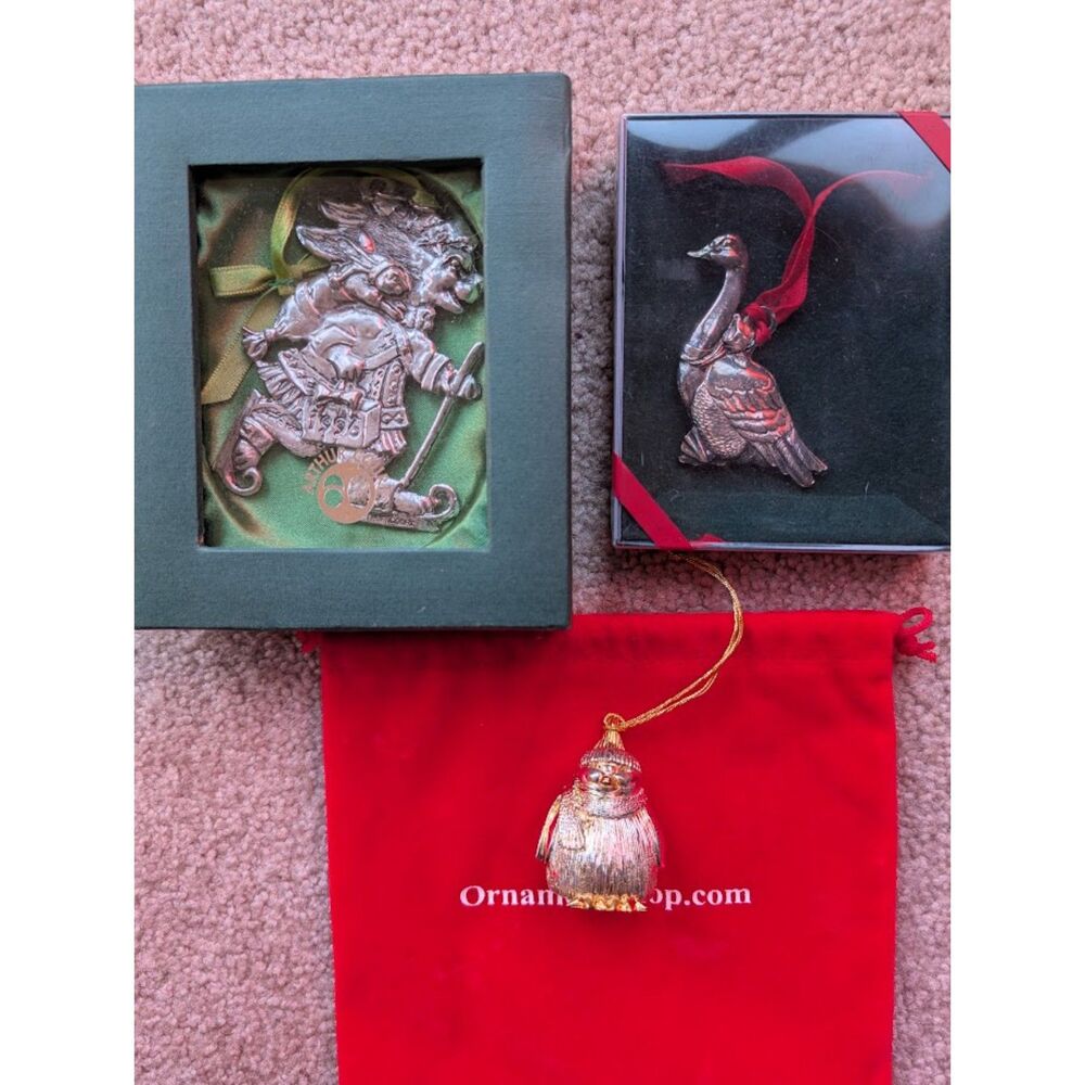 Lot of 3 Vintage Arthur Court & Lunt Christmas Ornaments Rabbit Goose & Penguin